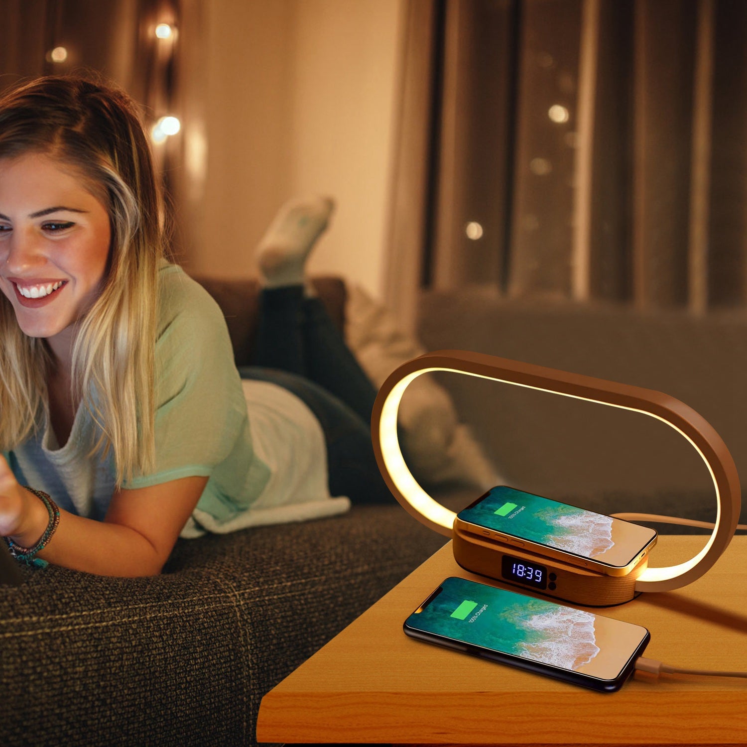 LED Bedside Lamp with Wireless Charging & Clock - Touch Control