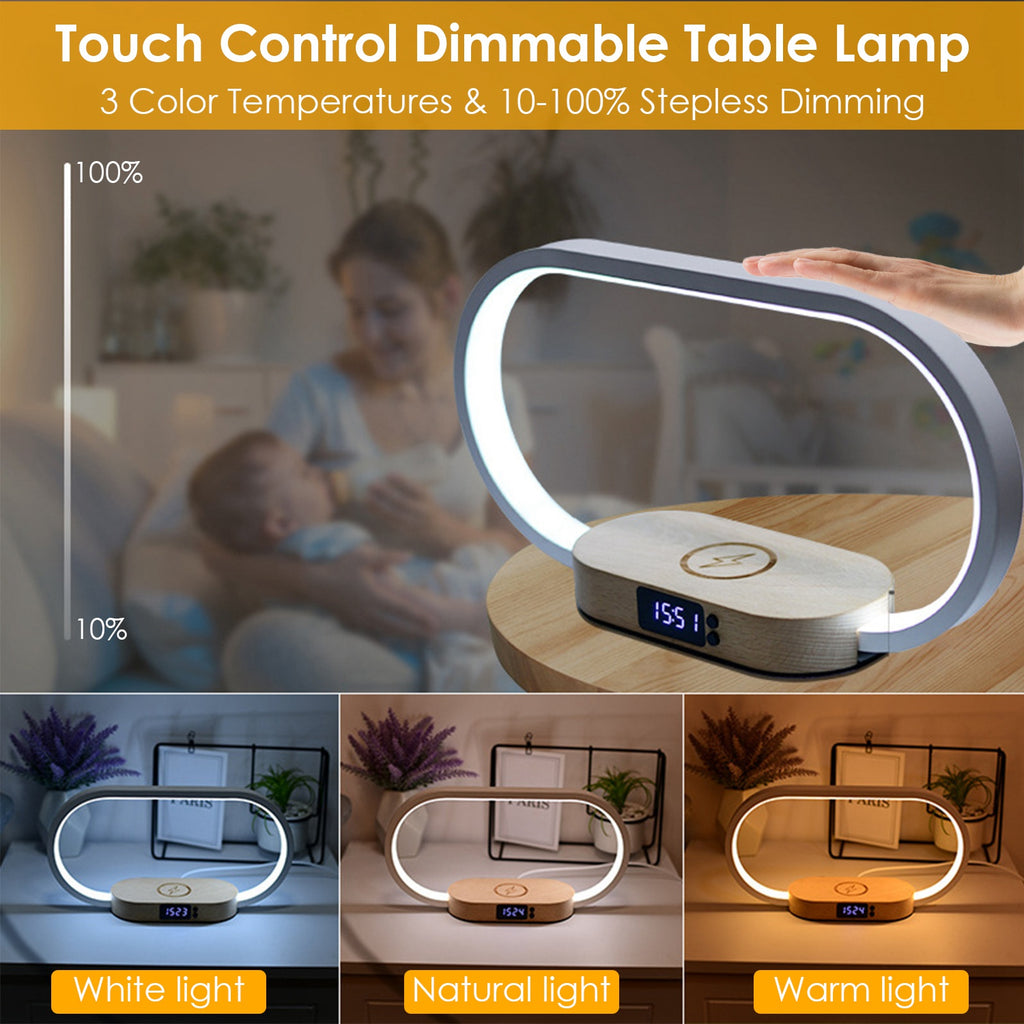 LED Bedside Lamp with Wireless Charging & Clock - Touch Control