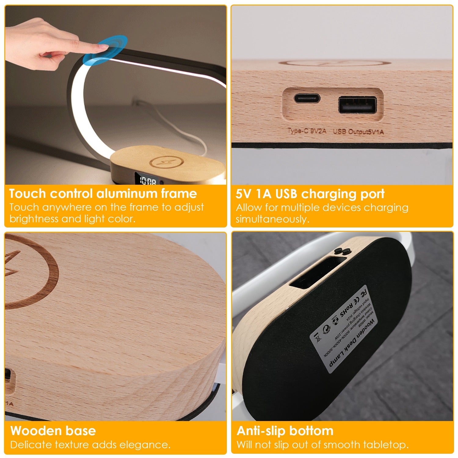 LED Bedside Lamp with Wireless Charging & Clock - Touch Control