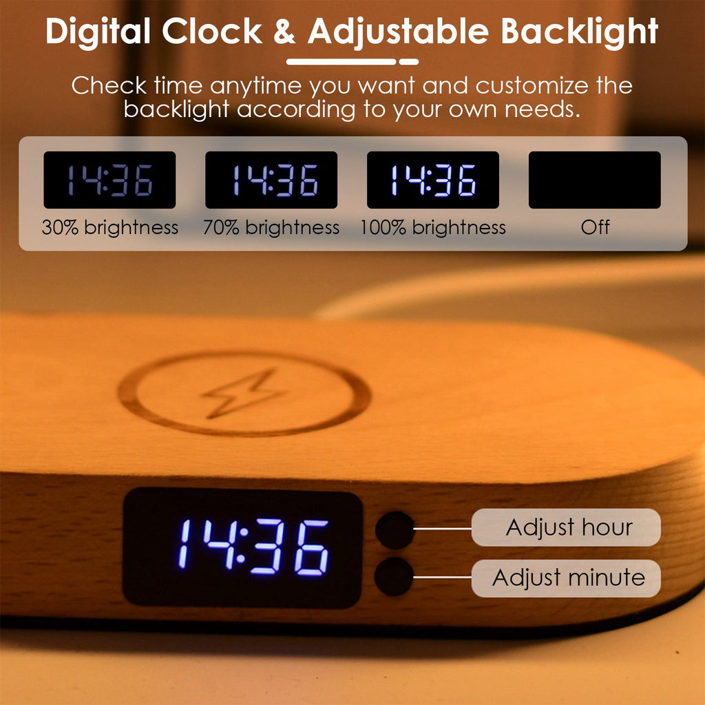 LED Bedside Lamp with Wireless Charging & Clock - Touch Control