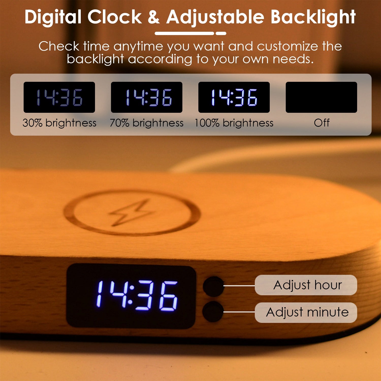 LED Bedside Lamp with Wireless Charging & Clock - Touch Control